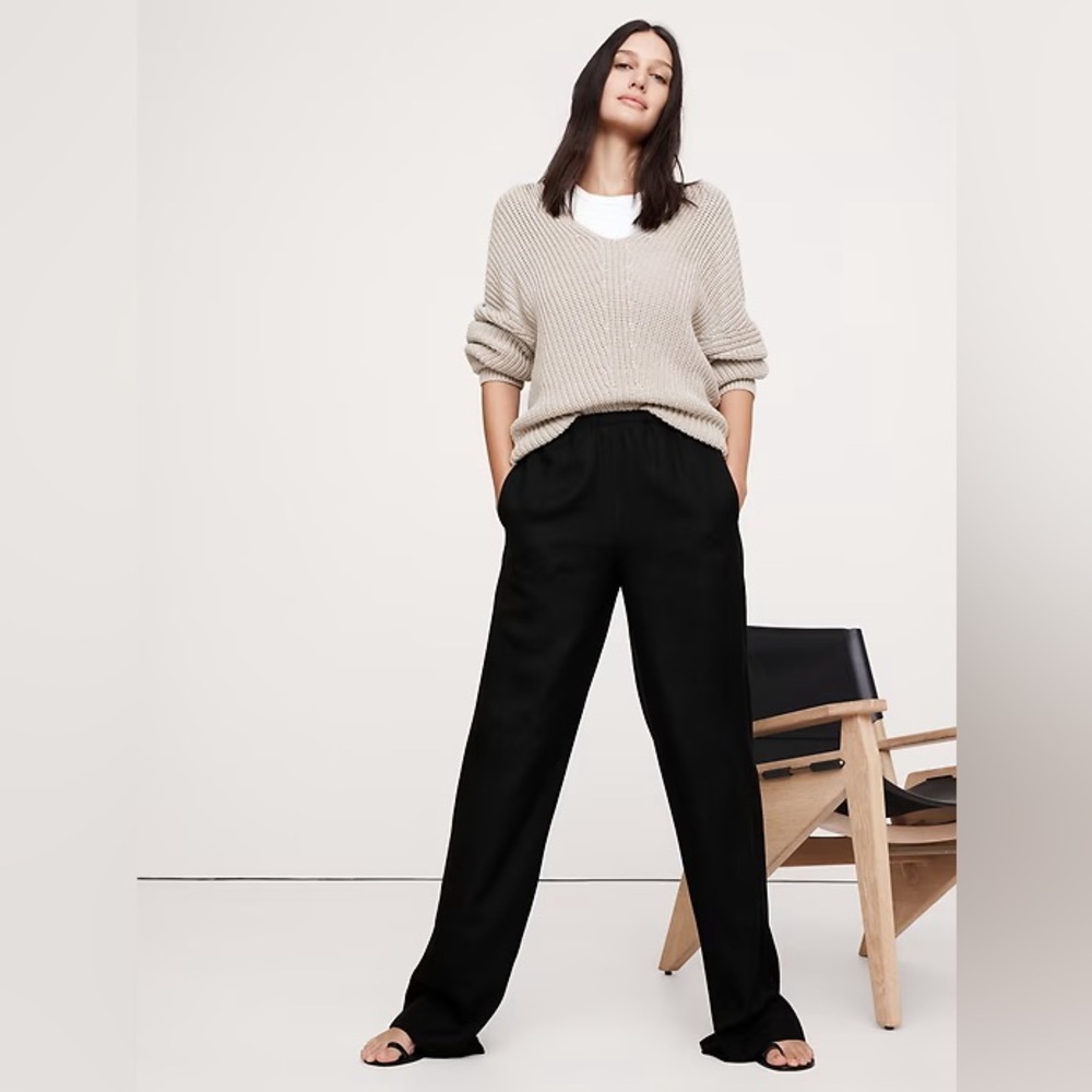 NEW! Banana Republic Black Pull-On Wide-Leg Drapey Twill Pant Small Petite 🌅2️⃣